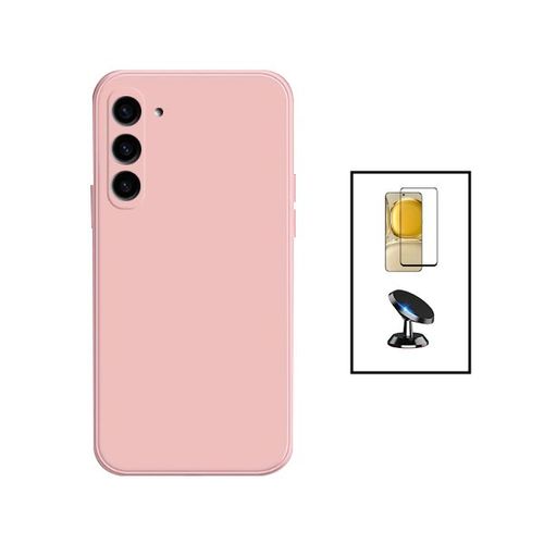 Kit Film Verre Trempé 5d Full Cover + Coque Silicone Liquide + Support Magnétique De Voiture Pour Samsung Galaxy A34 5g - Rose