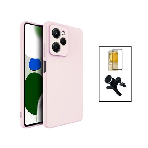 Kit Film Verre Trempé 5d Full Cover + Coque Silicone Liquide + Support Magnétique De Voiture Renforcé Pour Xiaomi Poco X5 Pro - Rose