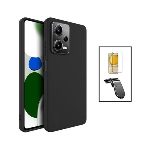 Kit Film Verre Trempé 5d Full Cover + Coque Silicone Liquide + Support Magnétique L Safe Driving Voiture Pour Xiaomi Poco X5 - Noir