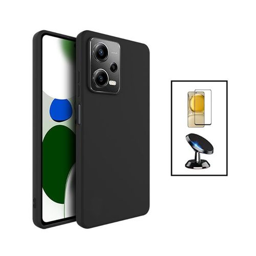 Kit Film Verre Trempé 5d Full Cover + Coque Silicone Liquide + Support Magnétique De Voiture Pour Xiaomi Poco X5 - Noir