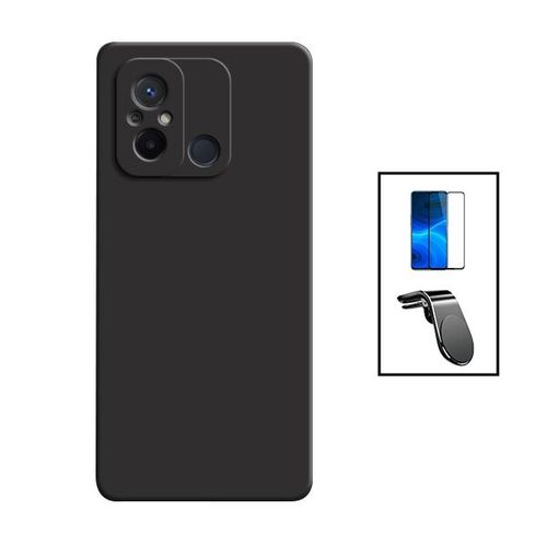 Kit Film Verre Trempé 5d Full Cover + Coque Silicone Liquide + Support Magnétique L Safe Driving Voiture Pour Xiaomi Redmi 12c - Noir