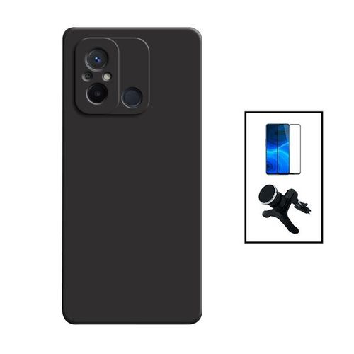 Kit Film Verre Trempé 5d Full Cover + Coque Silicone Liquide + Support Magnétique De Voiture Renforcé Pour Xiaomi Redmi 12c - Noir