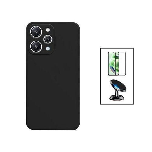 Kit Film Verre Trempé 5d Full Cover + Coque Silicone Liquide + Support Magnétique De Voiture Pour Xiaomi Redmi 12 - Noir