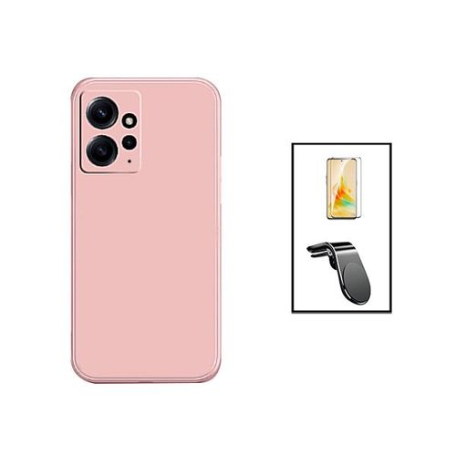 Kit Film Verre Trempé 5d Full Cover + Coque Silicone Liquide + Support Magnétique L Safe Driving Voiture Pour Xiaomi Redmi Note 12 4g - Rose