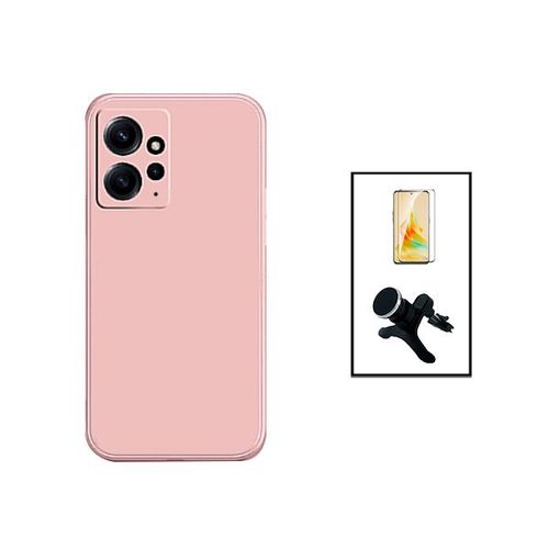 Kit Film Verre Trempé 5d Full Cover + Coque Silicone Liquide + Support Magnétique De Voiture Renforcé Pour Xiaomi Redmi Note 12 4g - Rose