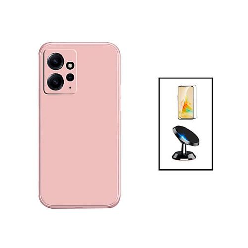 Kit Film Verre Trempé 5d Full Cover + Coque Silicone Liquide + Support Magnétique De Voiture Pour Xiaomi Redmi Note 12 4g - Rose