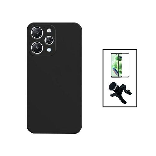 Kit Film Verre Trempé 5d Full Cover + Coque Silicone Liquide + Support Magnétique De Voiture Renforcé Pour Xiaomi Redmi 12 - Noir