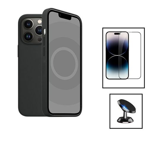 Kit Film Verre Trempé 5d Full Cover + Coque Silicone Liquide + Support Magnétique De Voiture Pour Apple Iphone 15 Plus - Noir