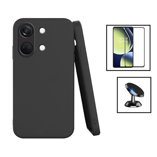 Kit Film Verre Trempé 5d Full Cover + Coque Silicone Liquide + Support Magnétique De Voiture Pour Oneplus Ace 2v - Noir