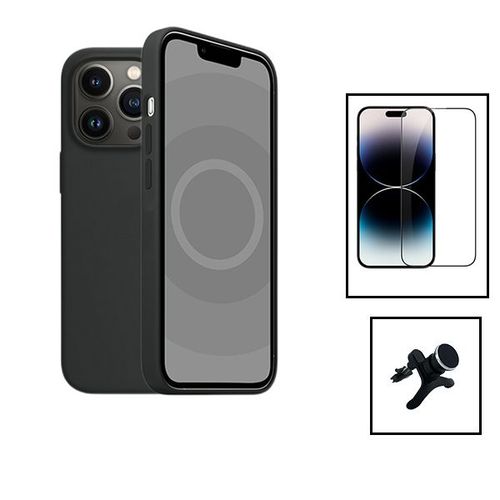 Kit Film Verre Trempé 5d Full Cover + Coque Silicone Liquide + Support Magnétique De Voiture Renforcé Pour Apple Iphone 15 Plus - Noir