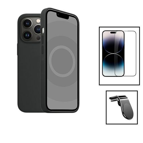 Kit Film Verre Trempé 5d Full Cover + Coque Silicone Liquide + Support Magnétique L Safe Driving Voiture Pour Apple Iphone 15 Plus - Noir
