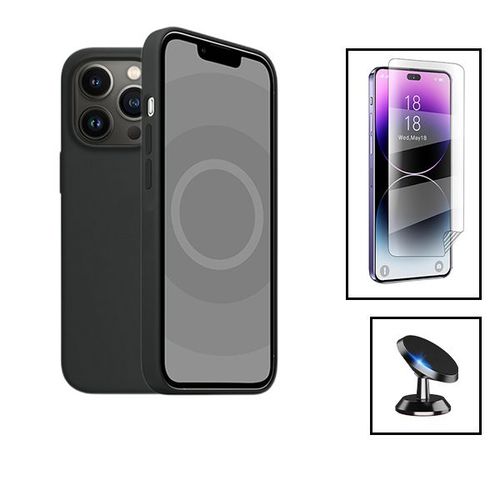 Kit Film Hydrogel Full Cover Avant + Coque Silicone Liquide + Support Magnétique De Voiture Pour Apple Iphone 15 Plus - Noir