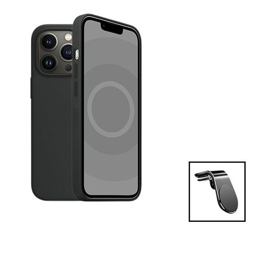Kit Support Magnétique L Safe Driving Voiture + Coque Silicone Liquide Pour Apple Iphone 15 Pro Max - Noir
