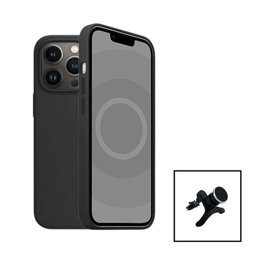 Kit Support Magnétique Renforcé De Voiture + Coque Silicone Liquide Pour Apple Iphone 15 Plus - Noir