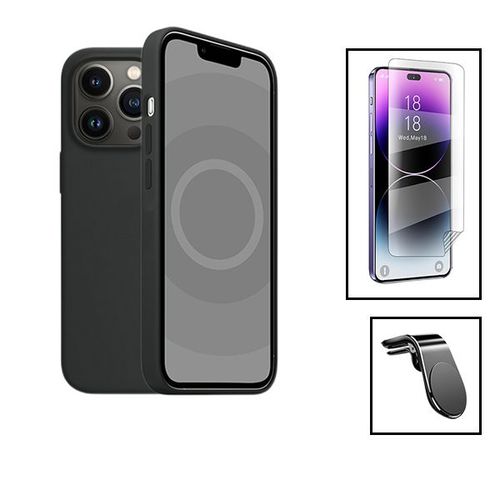 Kit Film Hydrogel Full Cover Avant + Coque Silicone Liquide + Support Magnétique L Safe Driving Voiture Pour Apple Iphone 15 Plus - Noir