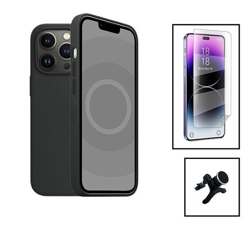 Kit Film Hydrogel Full Cover Avant + Coque Silicone Liquide + Support Magnétique De Voiture Renforcé Pour Apple Iphone 15 Plus - Noir