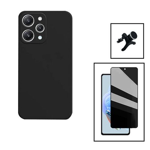 Kit Film Verre Trempé 5d Anti-Spy + Coque Silicone Liquide + Support Magnétique De Voiture Renforcé Pour Xiaomi Redmi 12 - Noir