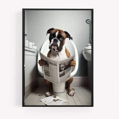 ERYI-Gfc Poster Amusant Pour Salle De Bain Et Toilettes, Imprimé Animal, Motif Boxeur, Chien Sur Une Toilette, Lecture Journal, Format A4, Décoration Murale Sans Cadre