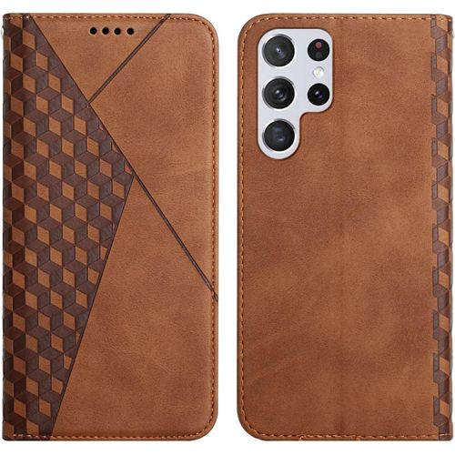 Kal-Coque Pour Samsung Galaxy S23 Ultra, Premium Flip Housse Étui Protection Rabat Clapet Portefeuille Phone Cover Magnétique [Porte Cartes] Antichoc Béquille Cover (Marron)