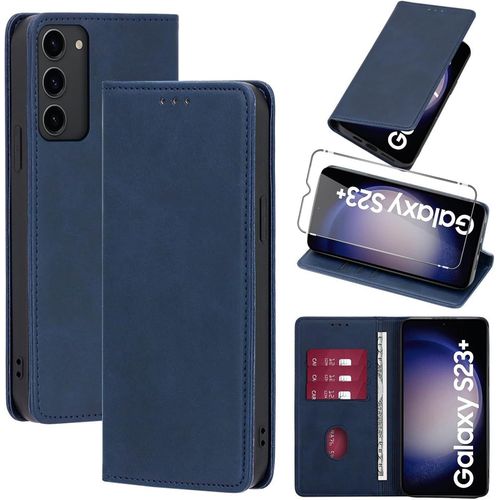 Kal-Coque Cuir Pour Samsung Galaxy S23 Plus 5g 6.6"" Avec 1 Verre Trempé Etui À Rabat En Pu Porte-Cartes Portefeuille Support Flip Housse Magnétique Antichoc Anti-Rayures Case,Bleu