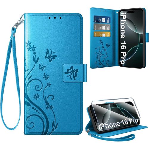 Kal-Coque Pour Iphone 16 Pro + 1 Verre Trempé, Retro Design Housse Premium En Cuir Pu Pochette De Portefeuille Pour Porte Cartes Fonction Stand Flip Etui Pour Iphone 16 Pro, Bleu