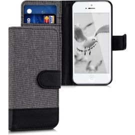 Kal-Coque Portefeuille Compatible Avec Apple Iphone Se (1.Gen 2016) / Iphone 5 / Iphone 5s - Étui À Rabat Simili Cuir Avec Compartiment Cartes - Gris-Noir