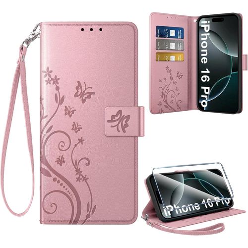 Kal-Coque Pour Iphone 16 Pro + 1 Verre Trempé, Retro Design Housse Premium En Cuir Pu Pochette De Portefeuille Pour Porte Cartes Fonction Stand Flip Etui Pour Iphone 16 Pro, Gold
