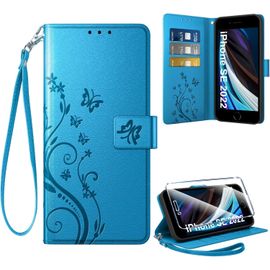 Kal-Coque Pour Iphone Se 2022/Se 2020/Iphone 8/Iphone 7 + 1 Verre Trempé, Retro Design Housse Premium En Cuir Pu Pochette De Portefeuille Pour Porte Cartes Fonction Stand Flip Etui, Bleu