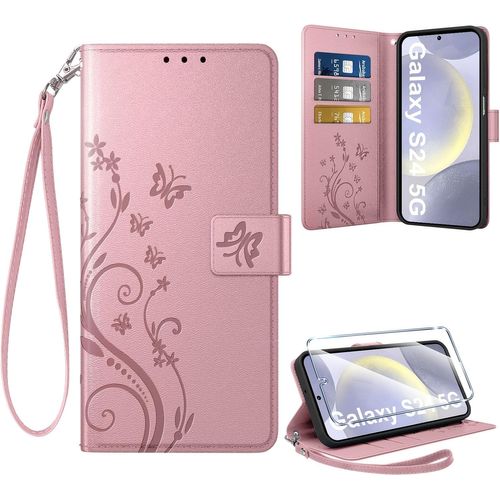 Kal-Coque Pour Samsung Galaxy S24 5g + 1 Verre Trempé, Retro Design Housse Premium En Cuir Pu Pochette De Portefeuille Pour Porte Cartes Fonction Stand Flip Etui Pour Samsung S24, Gold