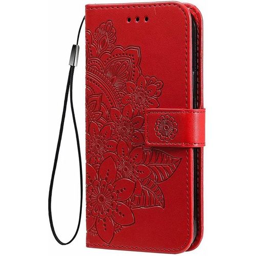 Kal-Coque Pour Oppo A54s / Oppo A16 / Oppo A16s Etui Portefeuille, Magnifique Fleur À Sept Pétales Embossée Design Cuir Pu Flip Housse, Antichoc Etui De Protection Pour Oppo A54s/A16/ A16s, Rouge