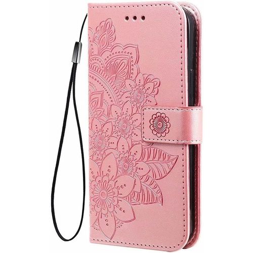 Kal-Coque Pour Oppo A54s / Oppo A16 / Oppo A16s Etui Portefeuille, Magnifique Fleur À Sept Pétales Embossée Design Cuir Pu Flip Housse, Antichoc Etui De Protection Pour Oppo A54s/A16/ A16s, Or Rose