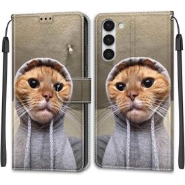 Kal-Coque Samsung Galaxy S23, Housse Samsung S23, Etui Premium Housse En Cuir Pochette Protection Portefeuille Rabat Clapet Case Porte Carte Magnétique Étui Antichoc Cover (Chat)