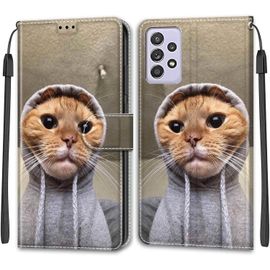 Kal-Coque Samsung Galaxy A52 4g/A52 5g/A52s 5g, Etui Premium Housse En Cuir Pochette Protection Portefeuille Rabat Clapet Case Porte Carte Magnétique Étui Antichoc Cover (Chat)