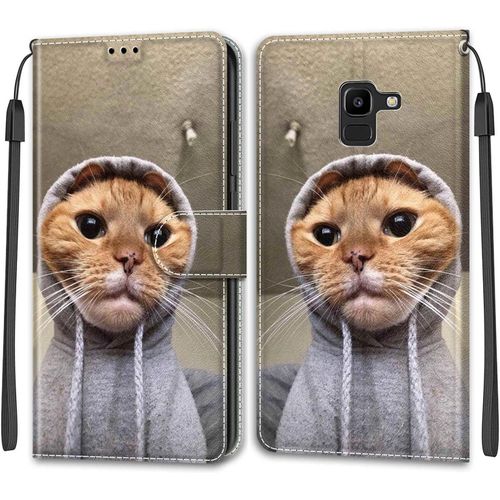 Kal-Coque Samsung Galaxy J6 2018/J600, Housse Samsung J6 2018/J600, Etui Housse En Cuir Pochette Protection Portefeuille Rabat Clapet Case Porte Carte Magnétique Étui Antichoc Cover (Chat)