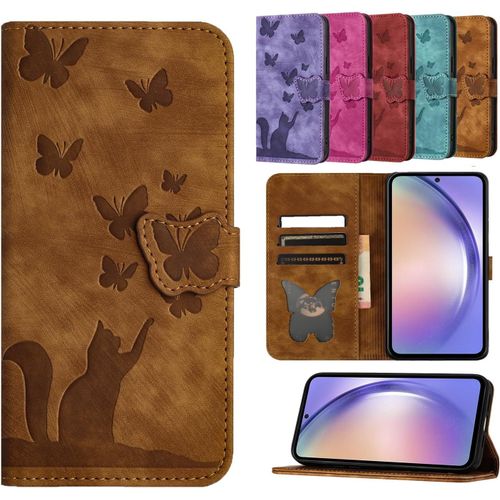 Kal-Coque Samsung Galaxy A54 5g Étui En Cuir Pu Flip Portefeuille Fente Pour Carte Magnétique Étui De Protection Pour Samsung Galaxy A54 5g Motif Chat Papillon, Brun