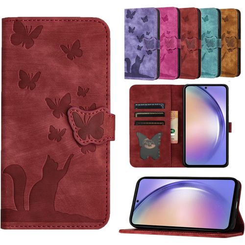 Kal-Coque Pour Samsung Galaxy S24 6.2"" Étuis Cuir Pu Housse Flip Cover Galaxy S24 Magnétique Portefeuille Protection Clapet Porte Carte Case Papillon Chat Étuis Pour Samsung Galaxy S24,Rouge