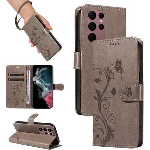 Kal-Coque Pour Samsung Galaxy S23 Ultra, Housse Etui Portefeuille Cuir Pu Multifonction, Magnétique Étui De Protection Compatible Avec Galaxy S23 Ultra, Gris