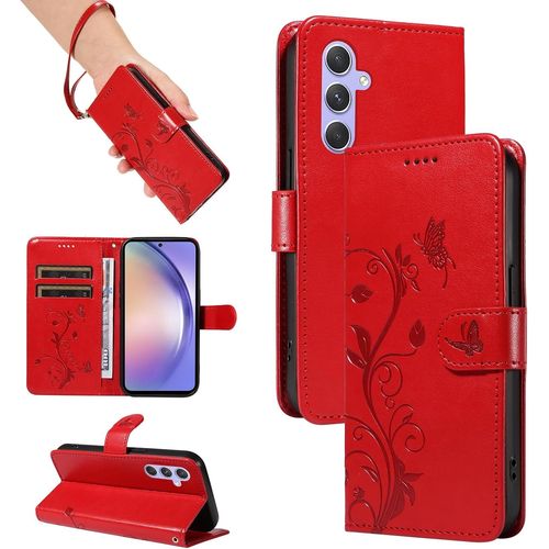 Kal-Coque Pour Samsung Galaxy A54 5g, Housse Etui Portefeuille Cuir Pu Multifonction, Magnétique Étui De Protection Compatible Avec Galaxy A54 5g, Rouge