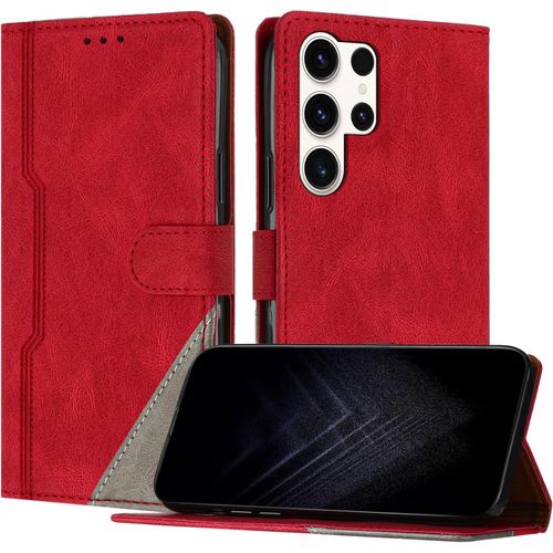 Kal-Étui Pour Samsung Galaxy S23 Ultra, Housse En Cuir Pu Avec [Protection Antichoc Tpu] [Fonction Support] [Porte-Cartes ] Antichoc Magnétique Coque Pour Galaxy S23 Ultra - Rouge