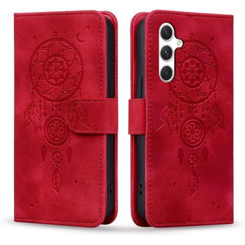 Kal-Coque Pour Samsung Galaxy A54 Attrape Rêves Cuir Pu Étui Avec Magnétique Fonction Stand Portefeuille Housse Pour Galaxy A54 Rouge Dreamcatcher