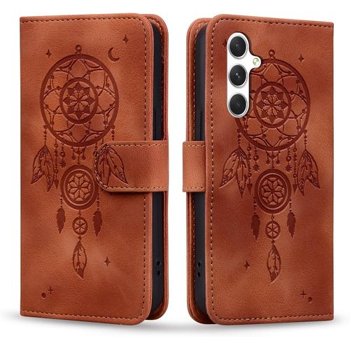 Kal-Coque Pour Samsung Galaxy A54 Attrape Rêves Cuir Pu Étui Avec Magnétique Fonction Stand Portefeuille Housse Pour Galaxy A54 Brun Dreamcatcher
