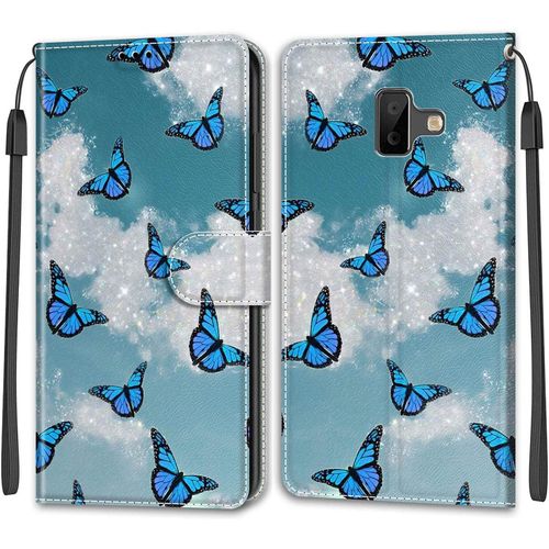 Kal-Coque Samsung Galaxy J6 Plus 2018/J6 Prime, Etui Premium Housse En Cuir Pochette Protection Portefeuille Rabat Clapet Case Porte Carte Magnétique Étui Antichoc Cover (Papillon 2)