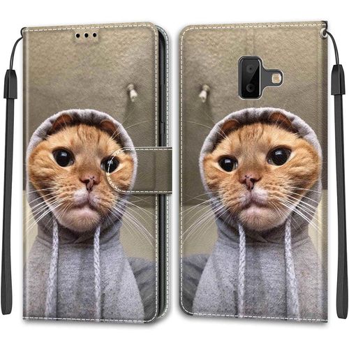 Kal-Coque Samsung Galaxy J6 Plus 2018/J6 Prime, Etui Premium Housse En Cuir Pochette Protection Portefeuille Rabat Clapet Case Porte Carte Magnétique Étui Antichoc Cover (Chat)