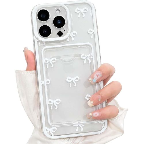 Kal-Coque Pour Iphone 15 Pro Mignon Transparent Avec Titulaire De La Carte Porteur N?ud Papillon Ribbon Portefeuille Femmes Fille Doux Tpu Absorbant Housse De Téléphone - Blanc