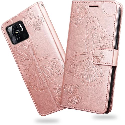 Kal-Coque Pour Xiaomi Redmi 10c, Papillon Imprimé Housse En Cuir Pu Magnétique Portefeuille, Étui À Rabat Pour Xiaomi Redmi 10c, Or Rose