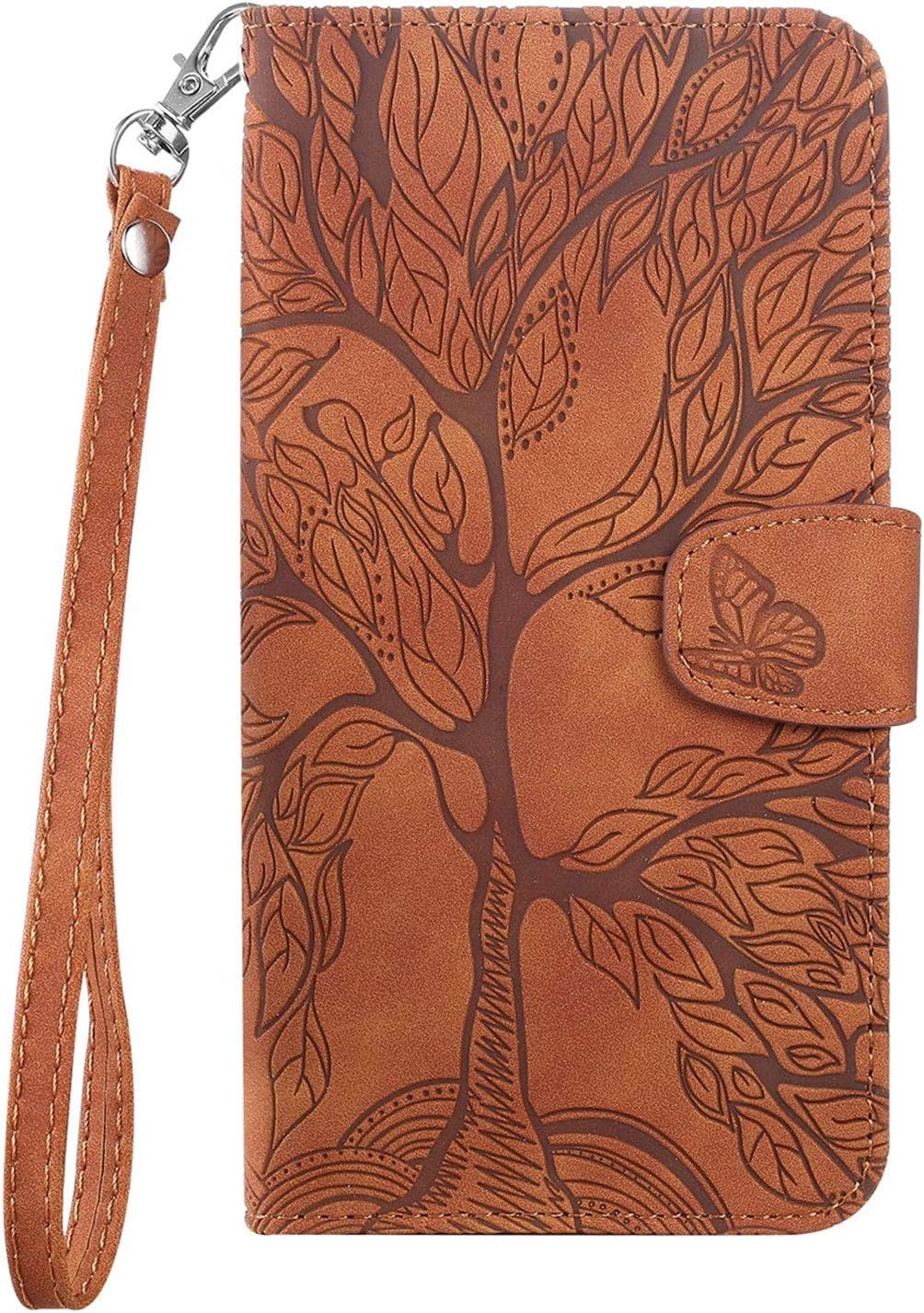 Kal-Coque Pour Samsung Galaxy A53 5g, Arbre De Vie Papillon Motif Housse Case En Cuir Synthétique Cover À Rabat, Portefeuille Étui De Protection Avec Fentes Pour Cartes, Brun