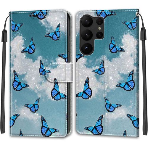 Kal-Coque Samsung Galaxy S23 Ultra, Housse Samsung S23 Ultra, Etui Housse En Cuir Pochette Protection Portefeuille Rabat Clapet Case Porte Carte Magnétique Étui Antichoc Cover (Papillon 2)