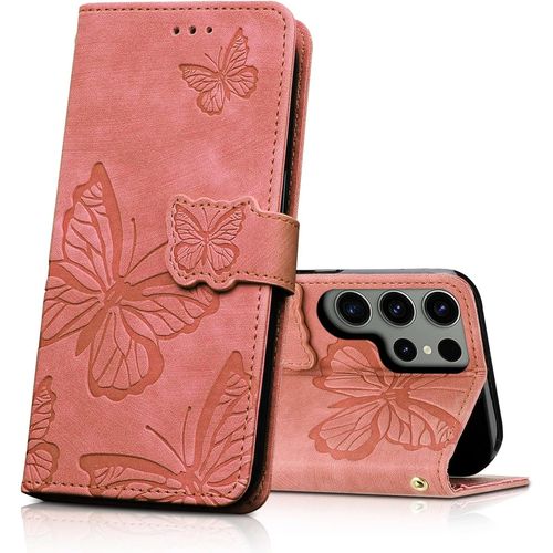 Kal-Coque Pour Samsung Galaxy S23 Ultra, Housse En Cuir Pu Etui À Rabat,Magnétique Pochette Portefeuille Étui De Protection Pour Samsung Galaxy S23 Ultra, Rosa