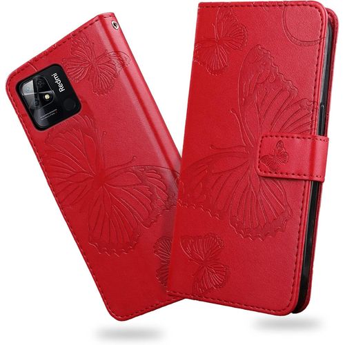 Kal-Coque Pour Xiaomi Redmi 10c, Papillon Imprimé Housse En Cuir Pu Magnétique Portefeuille, Étui À Rabat Pour Xiaomi Redmi 10c, Rouge