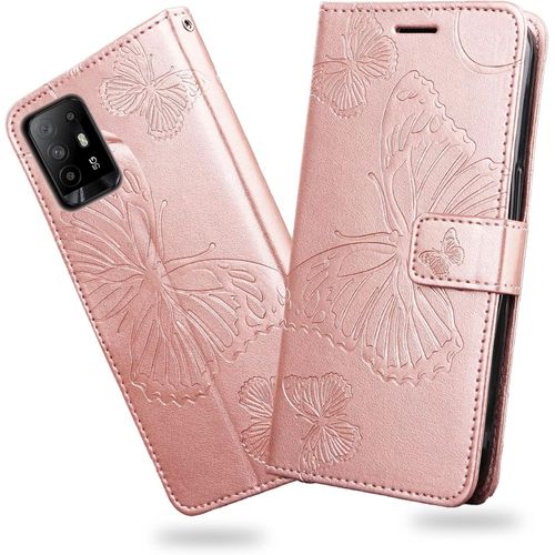 Kal-Coque Pour Oppo A94 5g / Oppo F19 Pro Plus/Oppo Reno Z 5g, Papillon Imprimé Housse En Cuir Pu Magnétique Portefeuille, Étui À Rabat Pour Oppo A94 5g / Oppo F19 Pro Plus, Or Rose